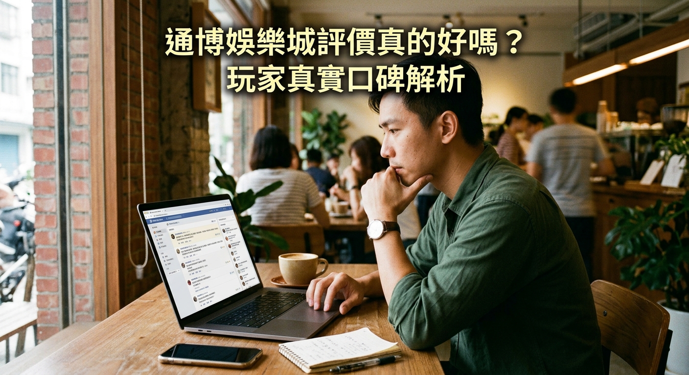 這是一張關於通博娛樂城評價解析的主題圖片,畫面中一名男子正專注地在咖啡館裡使用筆電查看玩家口碑與評論。