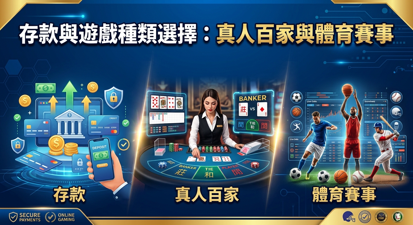 這張圖片採用現代科技風格的深藍與金色調設計,上方展示著標題「存款與遊戲種類選擇:真人百家與體育賽事」。 畫面下方分為三大主題區塊,分別呈現安全的數位存款支付方式、精緻的真人百家樂賭桌,以及豐富的體育賽事數據與運動員剪影。