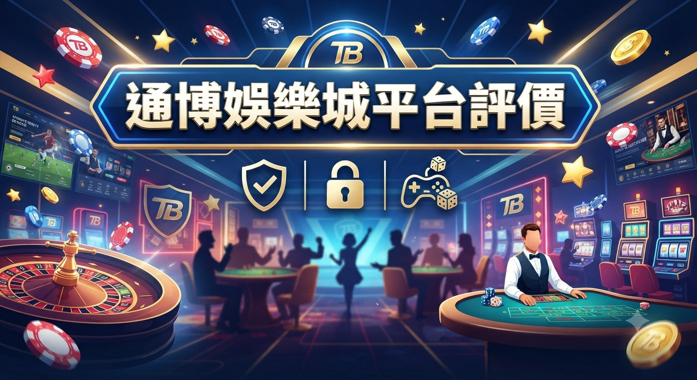 這張圖片呈現了一個奢華的線上娛樂城主題，並將「通博娛樂城平台評價」作為核心標題。 畫面中結合了輪盤、籌碼與博弈遊戲元素，營造出專業且值得信賴的評測氛圍。