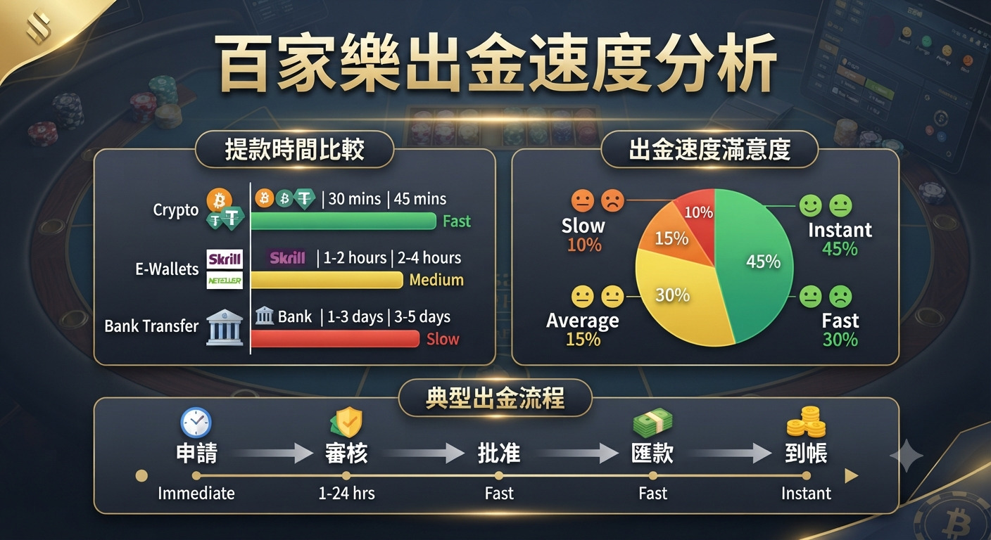這張圖片展示了百家樂平台出金速度的詳細分析，包含了提款時間比較、使用者滿意度圓餅圖以及典型出金流程。 設計風格專業且資訊清晰，旨在幫助玩家直觀了解不同支付方式與提款步驟的效率差異。